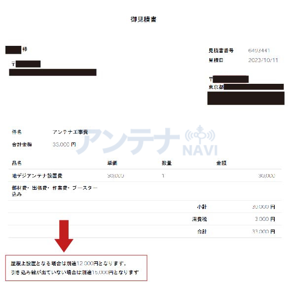 O社のアンテナ工事の見積もり