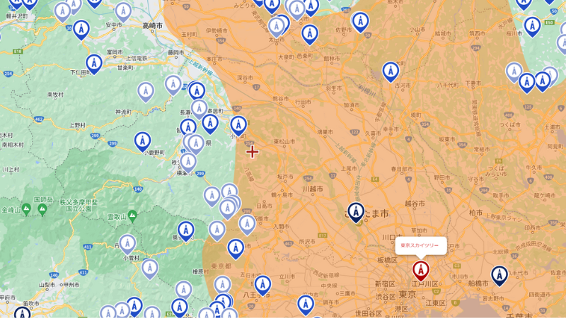 東京スカイツリーのＮＨＫ・広域民放の電波の範囲